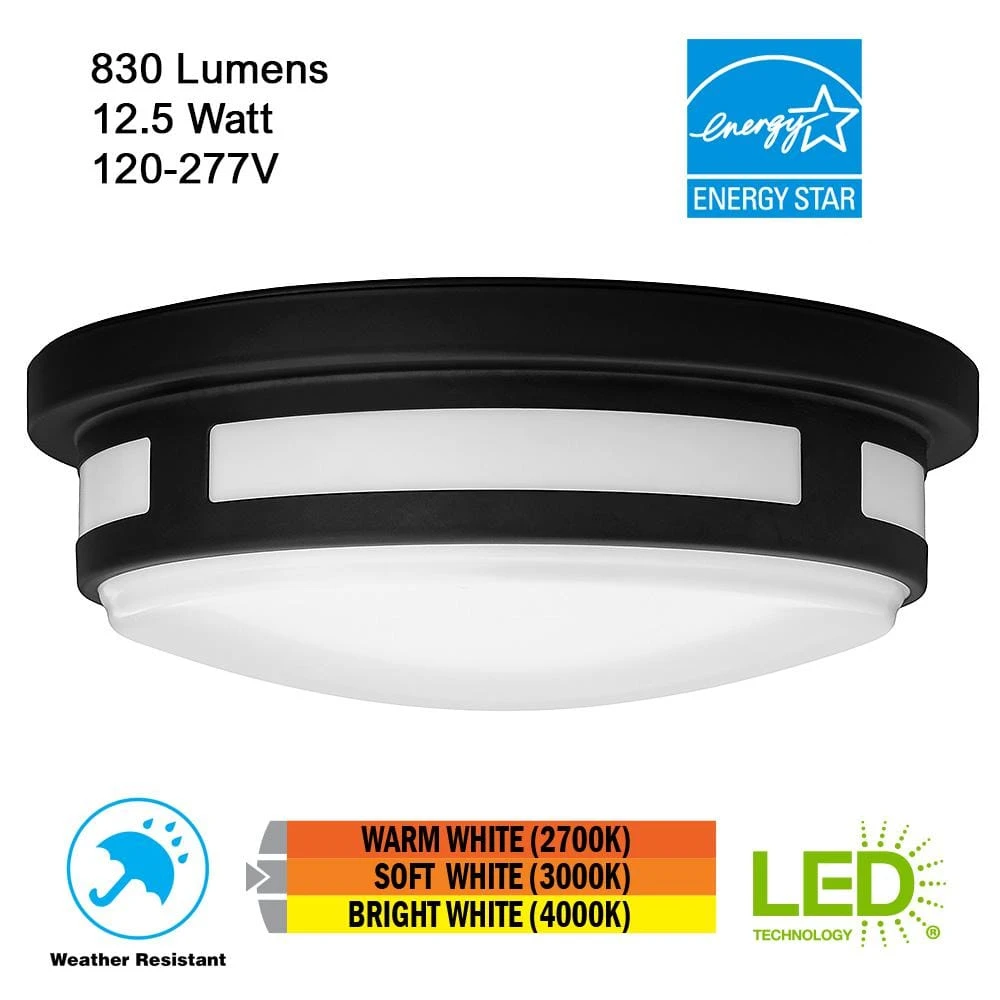 Hampton Bay 11 in. 1-Light Round Black LED Outdoor Flush Mount 2700K 3000K 4000K Entryway Deck Patio 120-277V 830 Lumens Wet Rated 2 Hampton Bay 11 in. 1-Light Round Black LED Outdoor Flush Mount 2700K 3000K 4000K Entryway Deck Patio 120-277V 830 Lumens Wet Rated - Image 2