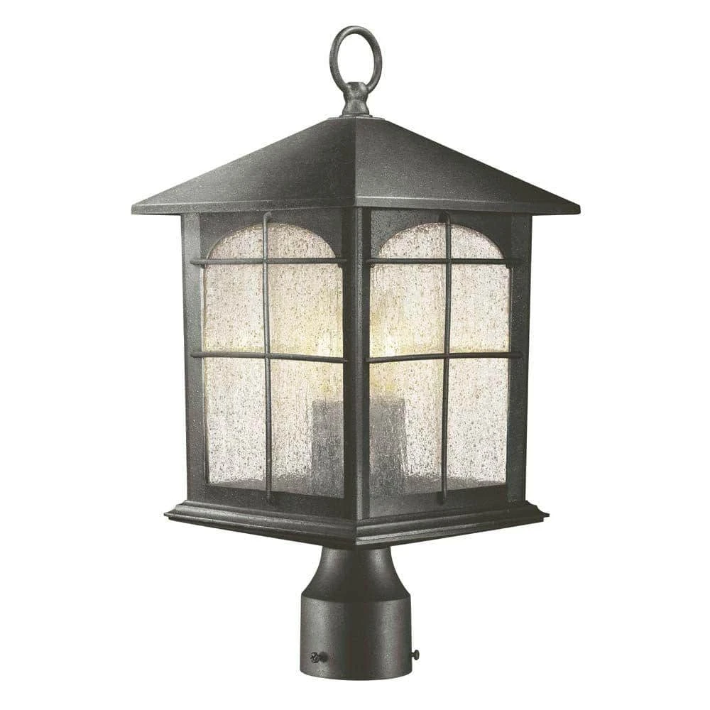 Hampton Bay Brimfield 18 in. Aged Iron 3-Light Outdoor Post Lamp with Clear Seedy Glass Shade 1 Hampton Bay Brimfield 18 in. Aged Iron 3-Light Outdoor Post Lamp with Clear Seedy Glass Shade