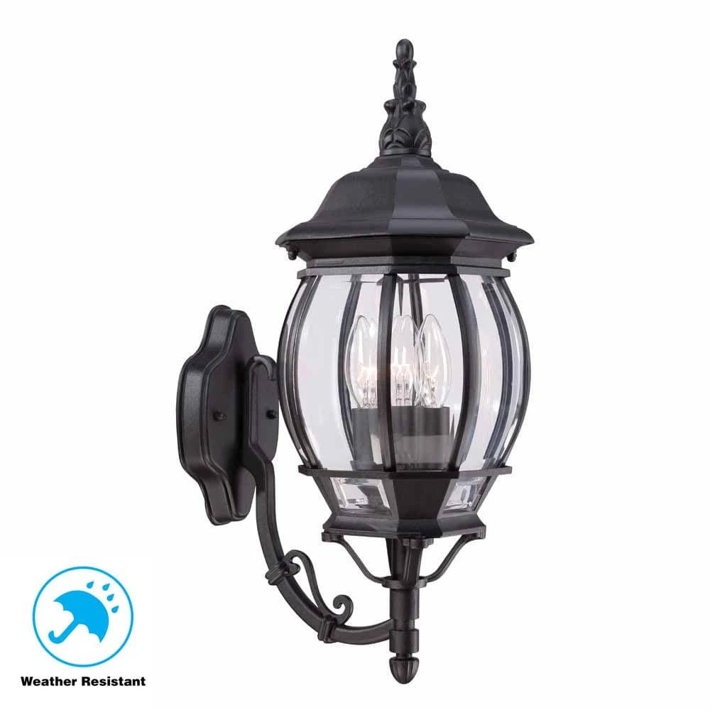 Hampton Bay 20.25 in. Black 3-Light Outdoor Wall Lamp with Clear Beveled Glass Shade 3 Hampton Bay 20.25 in. Black 3-Light Outdoor Wall Lamp with Clear Beveled Glass Shade - Image 3