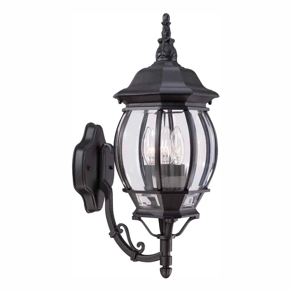 Hampton Bay 20.25 in. Black 3-Light Outdoor Wall Lamp with Clear Beveled Glass Shade 1 Hampton Bay 20.25 in. Black 3-Light Outdoor Wall Lamp with Clear Beveled Glass Shade