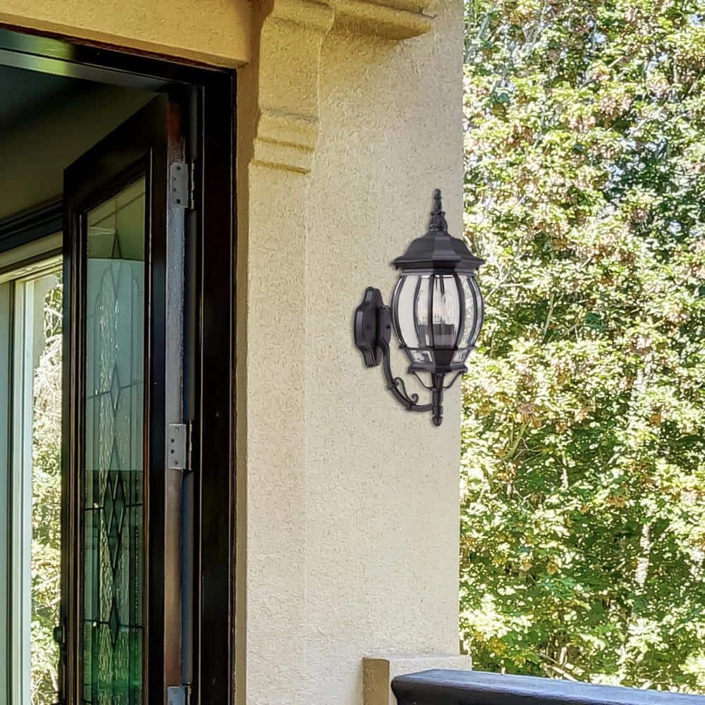 Hampton Bay 20.25 in. Black 3-Light Outdoor Wall Lamp with Clear Beveled Glass Shade 2 Hampton Bay 20.25 in. Black 3-Light Outdoor Wall Lamp with Clear Beveled Glass Shade - Image 2