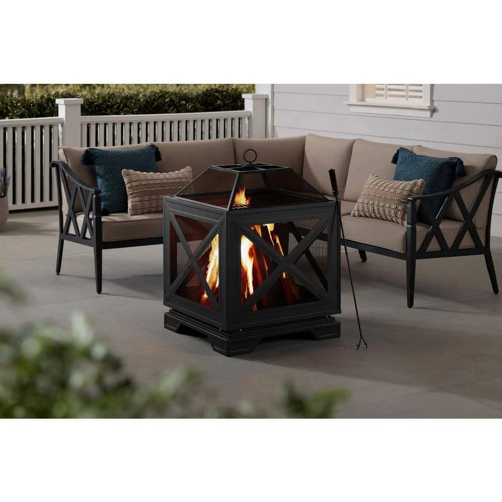 Hampton Bay Westbury 26 in. W x 37.8 in. H Outdoor Square Wood Burning Black Fire Pit 1 Hampton Bay Westbury 26 in. W x 37.8 in. H Outdoor Square Wood Burning Black Fire Pit
