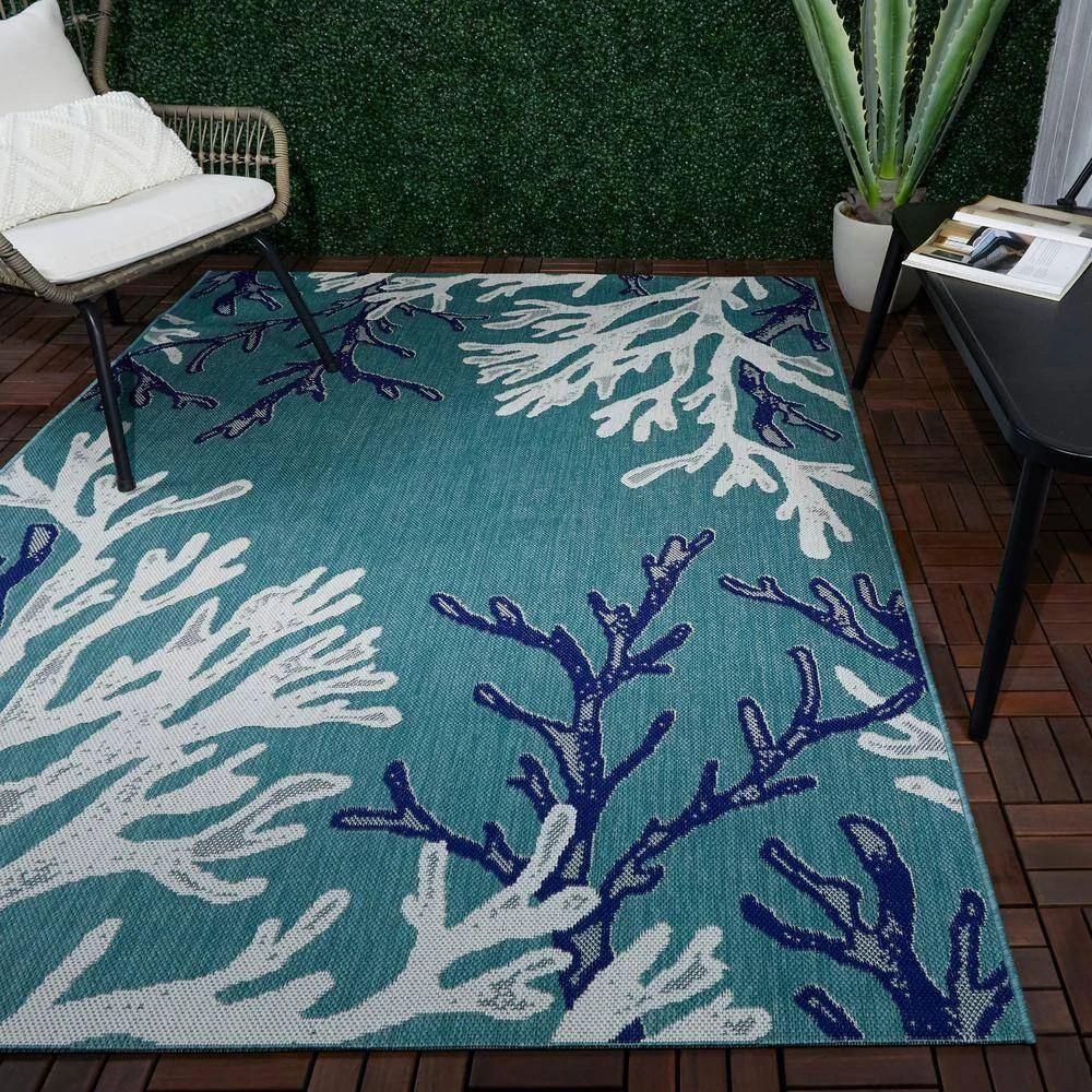 Hampton Bay Blue Reef 8 ft. x 10 ft. Indoor/Outdoor Area Rug 2 Hampton Bay Blue Reef 8 ft. x 10 ft. Indoor/Outdoor Area Rug - Image 2