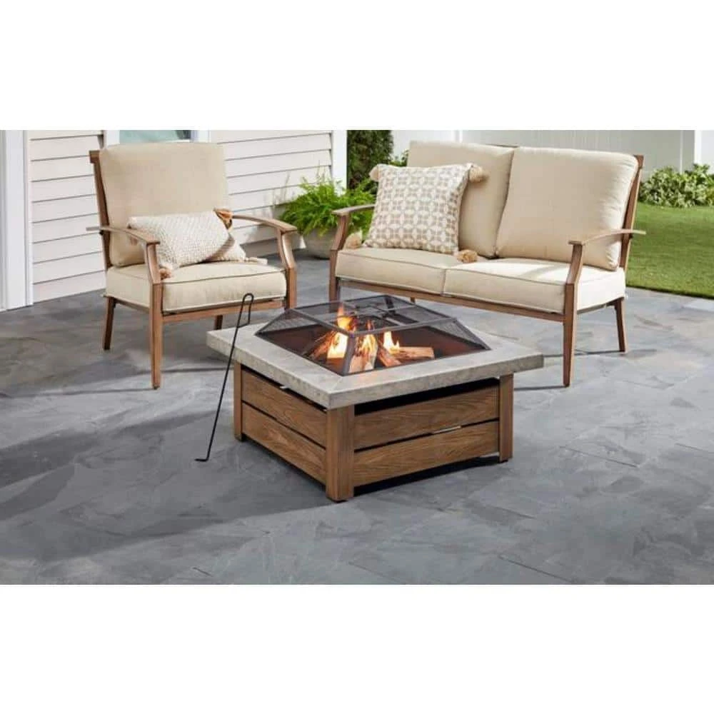 Hampton Bay Stoneham 34 in. x 15.5 in. Square Steel Wood Fire Pit with Tile Top 1 Hampton Bay Stoneham 34 in. x 15.5 in. Square Steel Wood Fire Pit with Tile Top