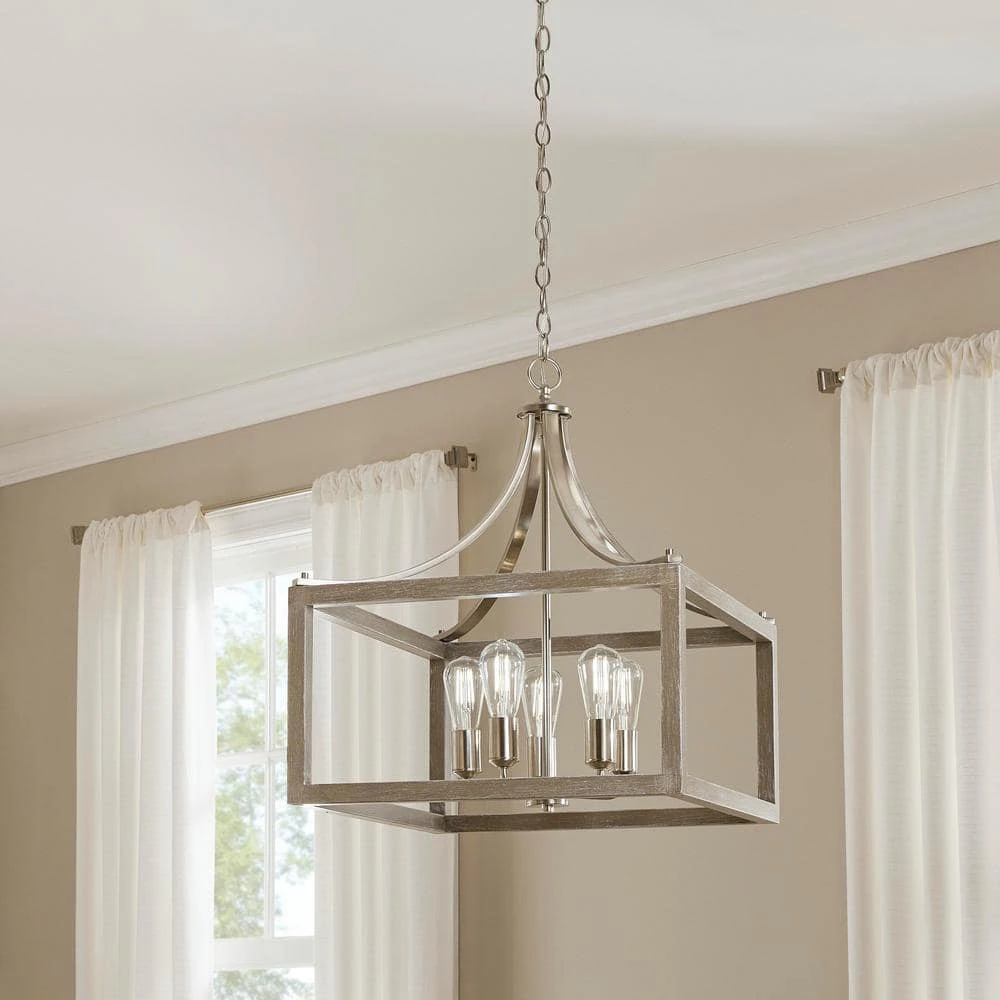 Hampton Bay Boswell Quarter 14 in. 3-Light Brushed Nickel Farmhouse Square Chandelier with Painted Weathered Gray Wood Accents 5 Hampton Bay Boswell Quarter 14 in. 3-Light Brushed Nickel Farmhouse Square Chandelier with Painted Weathered Gray Wood Accents - Image 5