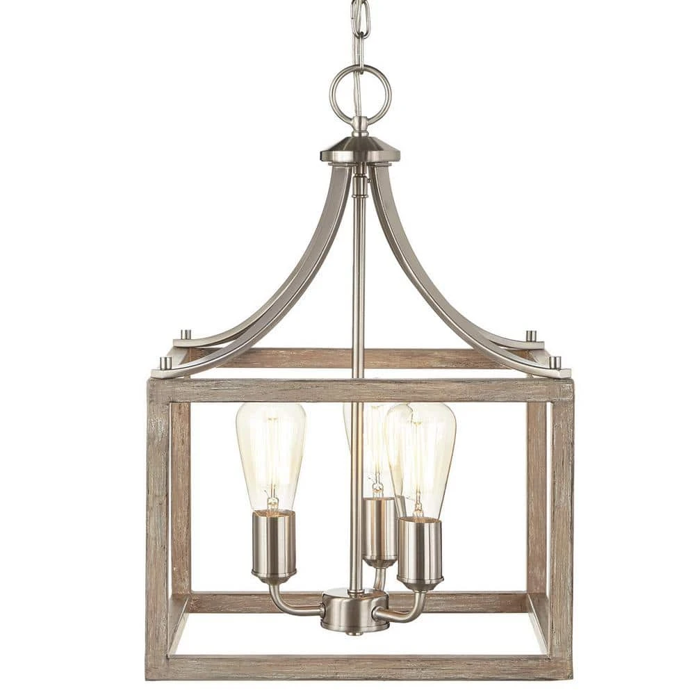 Hampton Bay Boswell Quarter 14 in. 3-Light Brushed Nickel Farmhouse Square Chandelier with Painted Weathered Gray Wood Accents 1 Hampton Bay Boswell Quarter 14 in. 3-Light Brushed Nickel Farmhouse Square Chandelier with Painted Weathered Gray Wood Accents