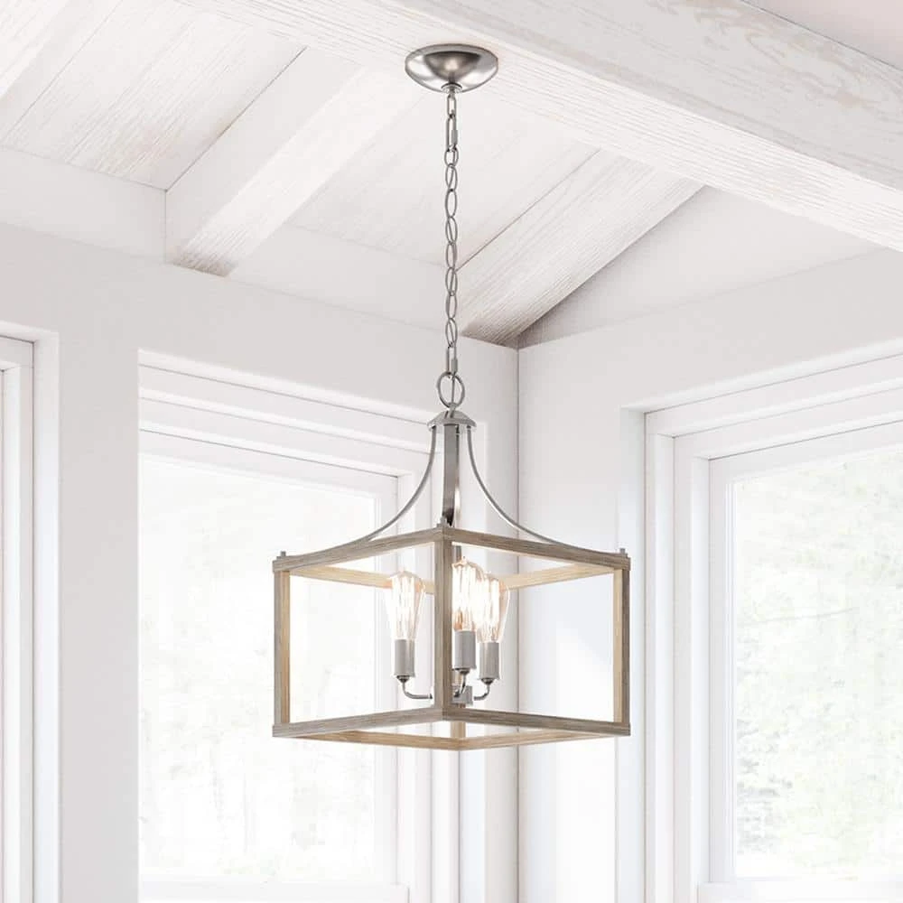 Hampton Bay Boswell Quarter 14 in. 3-Light Brushed Nickel Farmhouse Square Chandelier with Painted Weathered Gray Wood Accents 2 Hampton Bay Boswell Quarter 14 in. 3-Light Brushed Nickel Farmhouse Square Chandelier with Painted Weathered Gray Wood Accents - Image 2