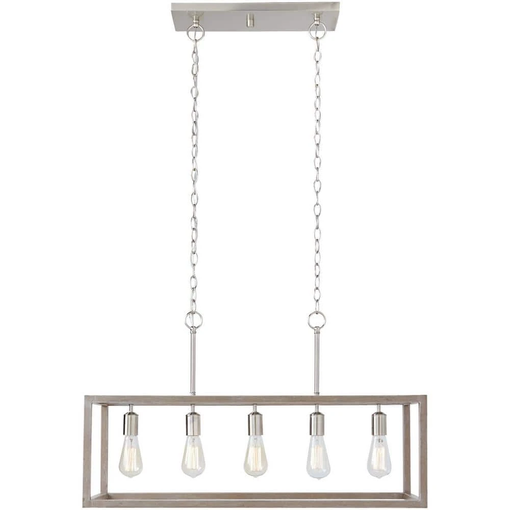 Hampton Bay Boswell Quarter 34in. 5-Light Brushed Nickel Farmhouse Linear Island Chandelier with Weathered Wood Accents 10 Hampton Bay Boswell Quarter 34in. 5-Light Brushed Nickel Farmhouse Linear Island Chandelier with Weathered Wood Accents - Image 10