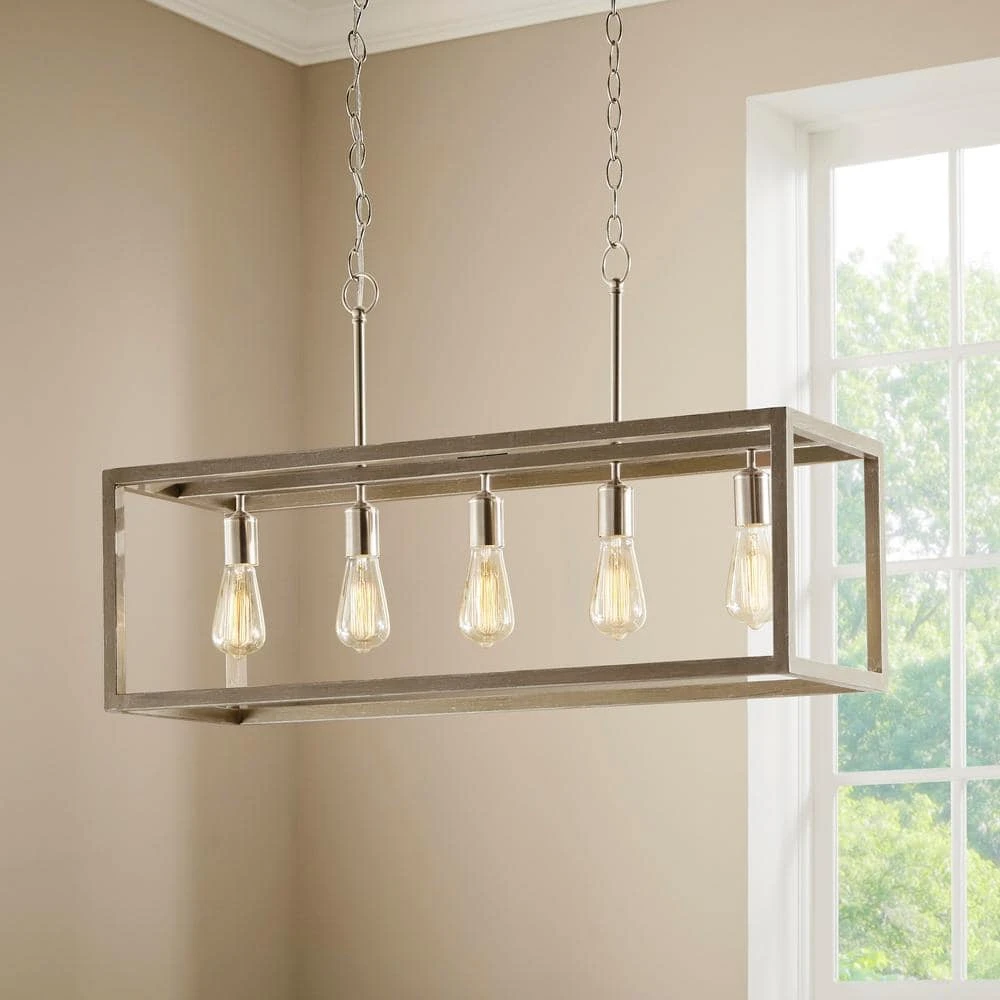 Hampton Bay Boswell Quarter 34in. 5-Light Brushed Nickel Farmhouse Linear Island Chandelier with Weathered Wood Accents 3 Hampton Bay Boswell Quarter 34in. 5-Light Brushed Nickel Farmhouse Linear Island Chandelier with Weathered Wood Accents - Image 3