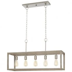Hampton Bay Boswell Quarter 34in. 5-Light Brushed Nickel Farmhouse Linear Island Chandelier with Weathered Wood Accents