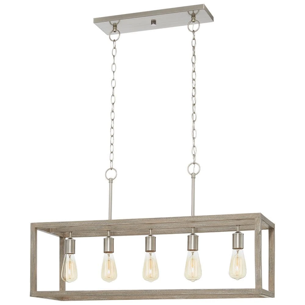 Hampton Bay Boswell Quarter 34in. 5-Light Brushed Nickel Farmhouse Linear Island Chandelier with Weathered Wood Accents 1 Hampton Bay Boswell Quarter 34in. 5-Light Brushed Nickel Farmhouse Linear Island Chandelier with Weathered Wood Accents