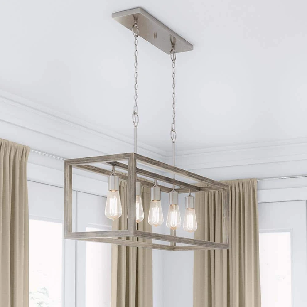 Hampton Bay Boswell Quarter 34in. 5-Light Brushed Nickel Farmhouse Linear Island Chandelier with Weathered Wood Accents 2 Hampton Bay Boswell Quarter 34in. 5-Light Brushed Nickel Farmhouse Linear Island Chandelier with Weathered Wood Accents - Image 2