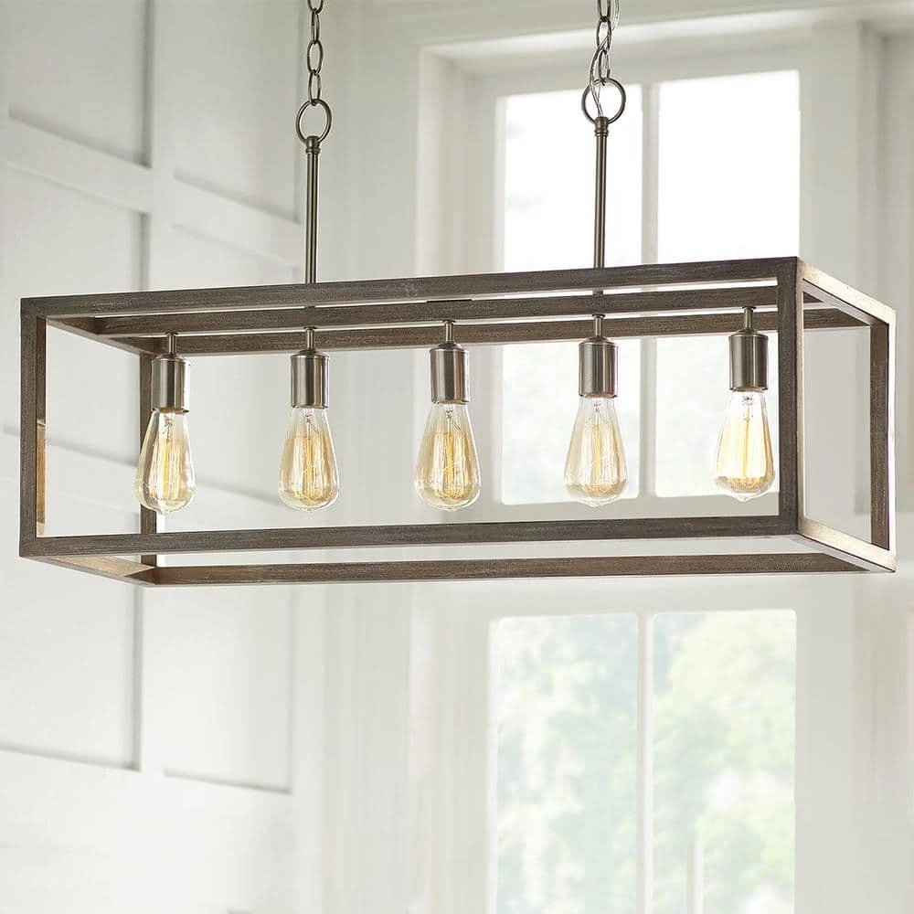 Hampton Bay Boswell Quarter 34in. 5-Light Brushed Nickel Farmhouse Linear Island Chandelier with Weathered Wood Accents 12 Hampton Bay Boswell Quarter 34in. 5-Light Brushed Nickel Farmhouse Linear Island Chandelier with Weathered Wood Accents - Image 12