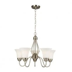 Hampton Bay Kensley Park 5-Light Classic Traditional Brushed Nickel Hanging Candlestick Chandelier with Frosted White Shade
