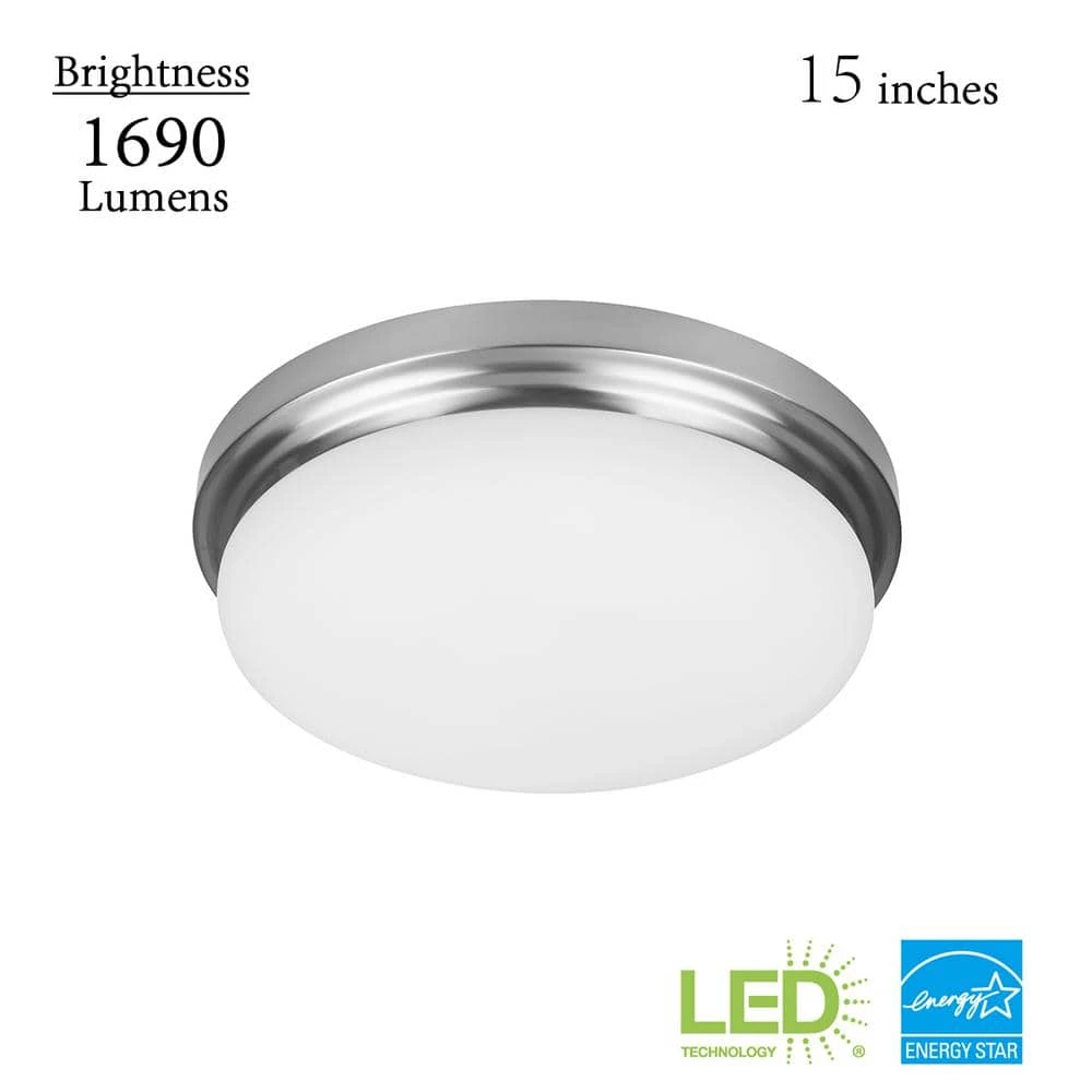 Hampton Bay Chilton 15 in. 170-Watt Equivalent Brushed Nickel Selectable Integrated LED Flush Mount with Glass Shade 1 Hampton Bay Chilton 15 in. 170-Watt Equivalent Brushed Nickel Selectable Integrated LED Flush Mount with Glass Shade