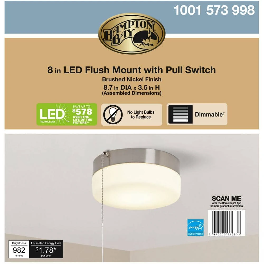 Hampton Bay 8 in. 60-Watt Equivalent Brushed Nickel Integrated LED Drum Flush Mount with Pull Chain and Glass Shade 9 Hampton Bay 8 in. 60-Watt Equivalent Brushed Nickel Integrated LED Drum Flush Mount with Pull Chain and Glass Shade - Image 9
