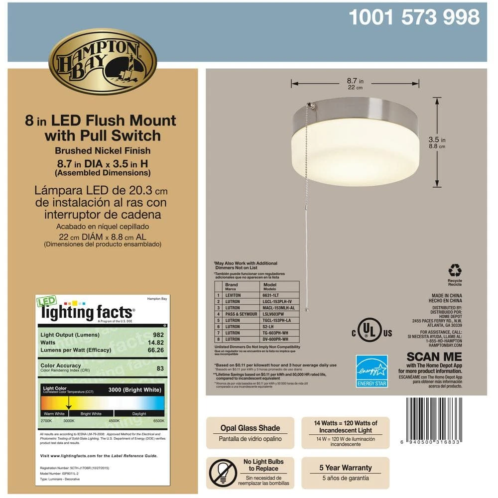 Hampton Bay 8 in. 60-Watt Equivalent Brushed Nickel Integrated LED Drum Flush Mount with Pull Chain and Glass Shade 11 Hampton Bay 8 in. 60-Watt Equivalent Brushed Nickel Integrated LED Drum Flush Mount with Pull Chain and Glass Shade - Image 11