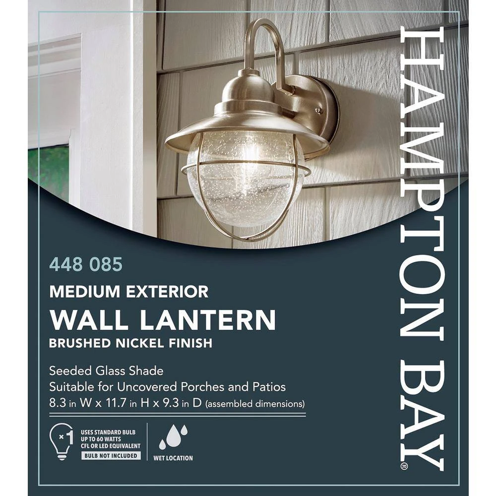 Hampton Bay 1-Light Brushed Nickel Outdoor Cottage Wall Lantern Sconce 6 Hampton Bay 1-Light Brushed Nickel Outdoor Cottage Wall Lantern Sconce - Image 6