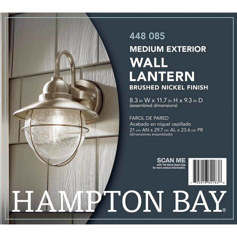 Hampton Bay 1-Light Brushed Nickel Outdoor Cottage Wall Lantern Sconce 9 Hampton Bay 1-Light Brushed Nickel Outdoor Cottage Wall Lantern Sconce - Image 9