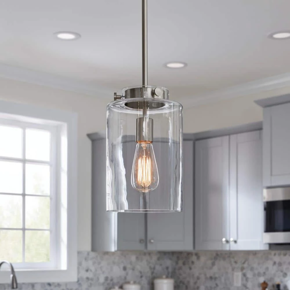 Hampton Bay Mullins 6.75 in. 1-Light Brushed Nickel Mini Pendant with Clear Glass Shade 4 Hampton Bay Mullins 6.75 in. 1-Light Brushed Nickel Mini Pendant with Clear Glass Shade - Image 4