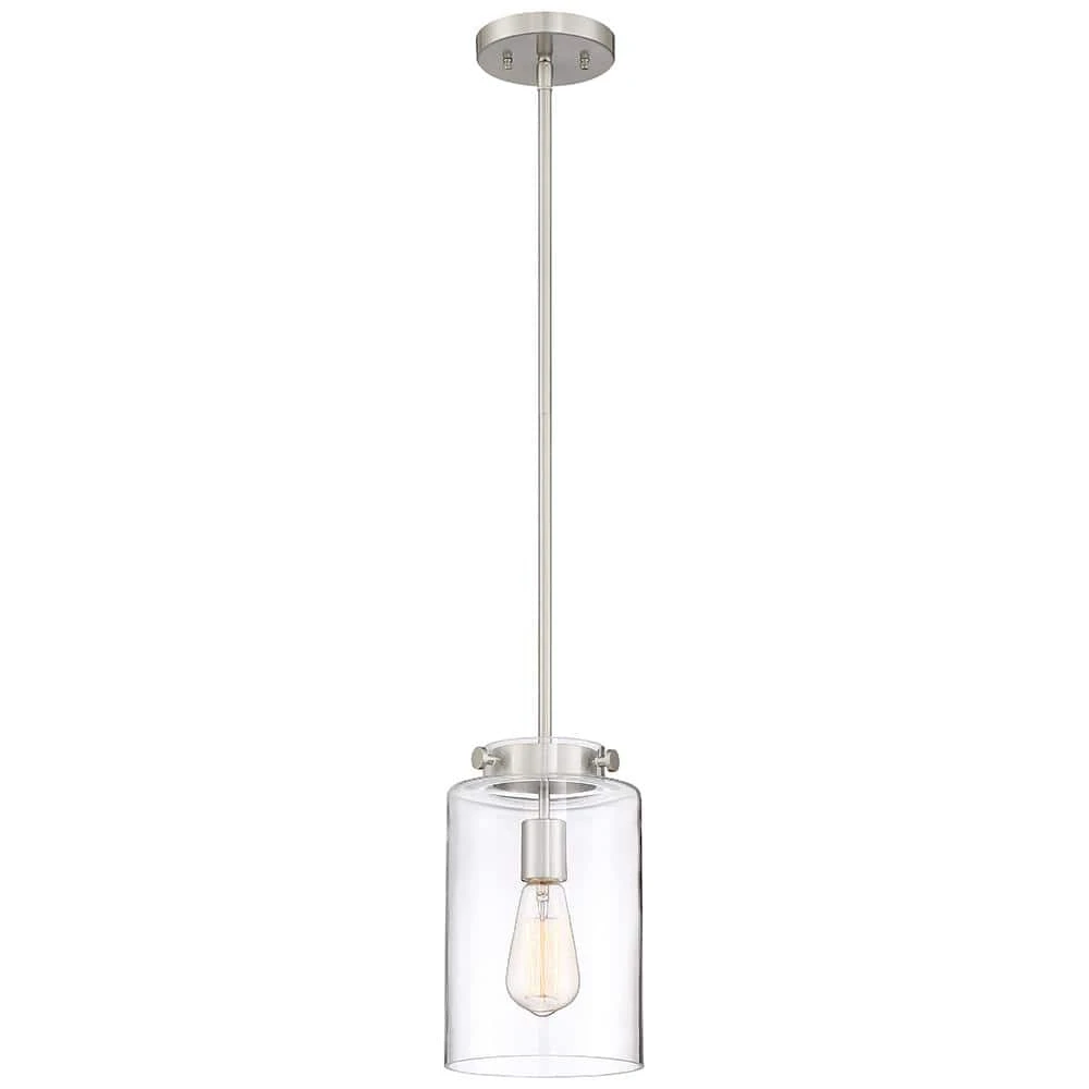 Hampton Bay Mullins 6.75 in. 1-Light Brushed Nickel Mini Pendant with Clear Glass Shade 1 Hampton Bay Mullins 6.75 in. 1-Light Brushed Nickel Mini Pendant with Clear Glass Shade