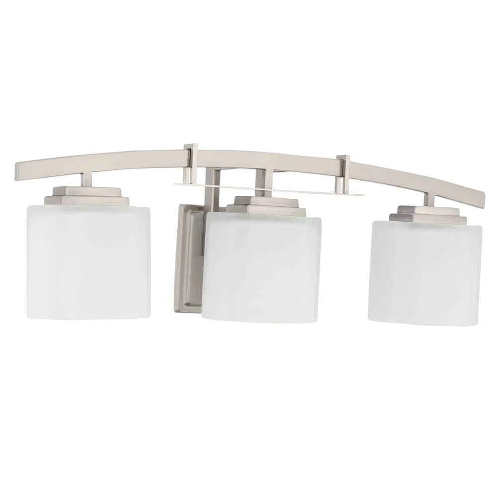 Hampton Bay Architecture 3-Light Brushed Nickel Vanity Light with Etched White Glass Shades 8 Hampton Bay Architecture 3-Light Brushed Nickel Vanity Light with Etched White Glass Shades - Image 8