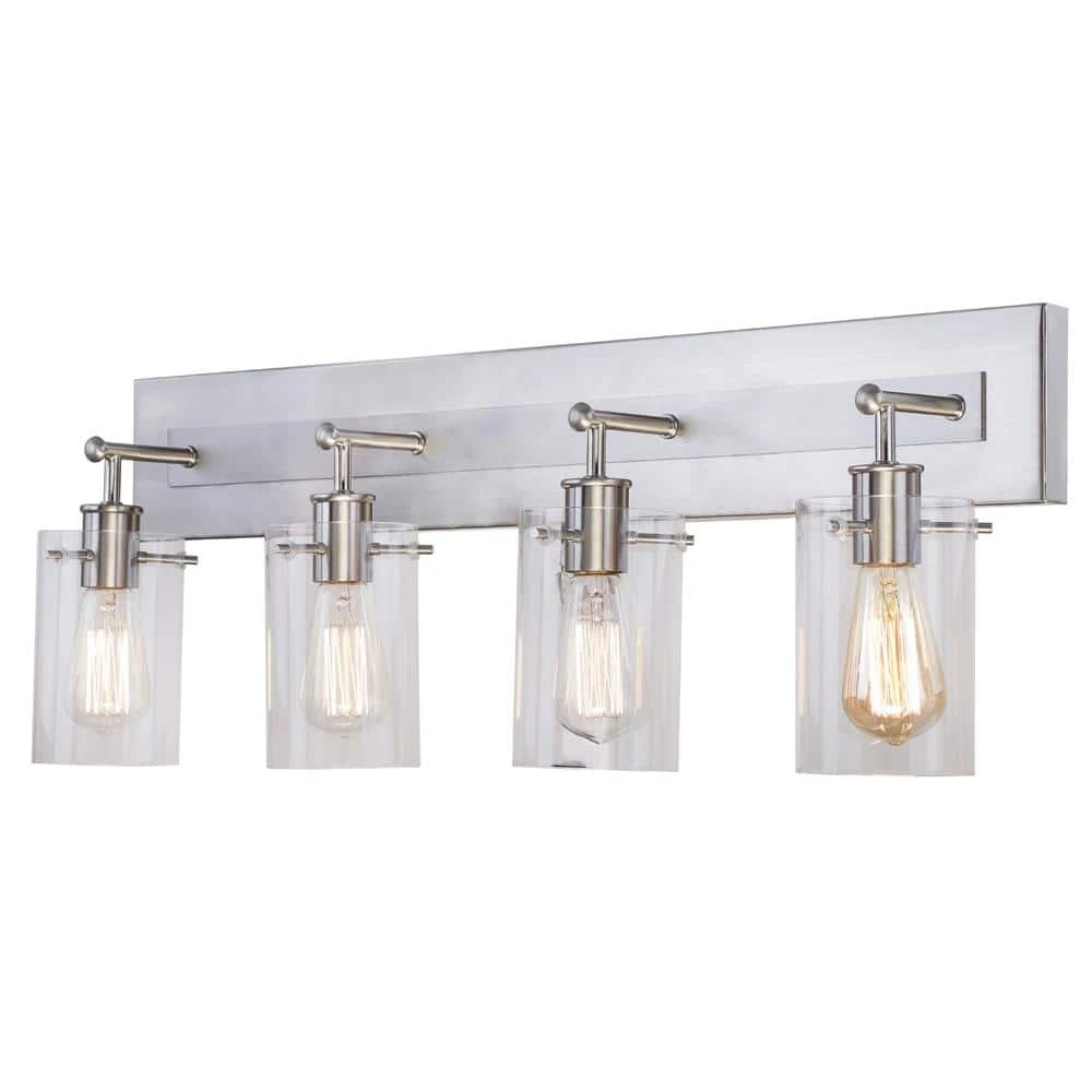 Hampton Bay Regan 29.13 in. 4-Light Brushed Nickel Bathroom Vanity Light with Clear Glass Shades 1 Hampton Bay Regan 29.13 in. 4-Light Brushed Nickel Bathroom Vanity Light with Clear Glass Shades