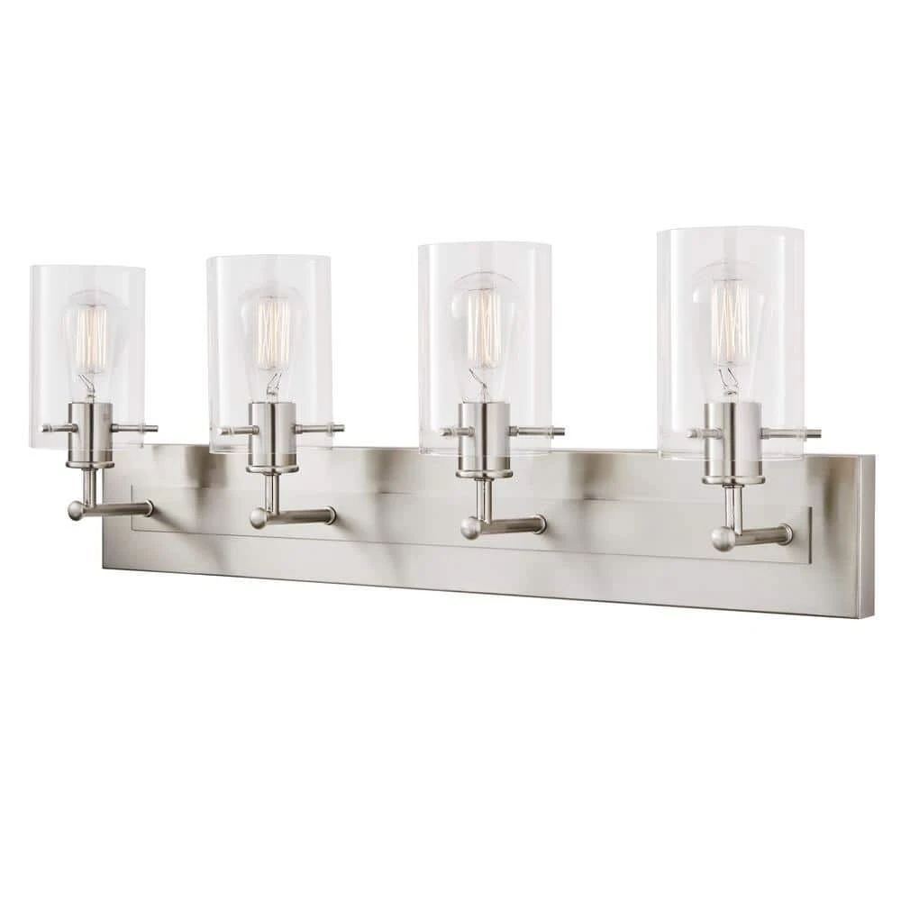 Hampton Bay Regan 29.13 in. 4-Light Brushed Nickel Bathroom Vanity Light with Clear Glass Shades 13 Hampton Bay Regan 29.13 in. 4-Light Brushed Nickel Bathroom Vanity Light with Clear Glass Shades - Image 13