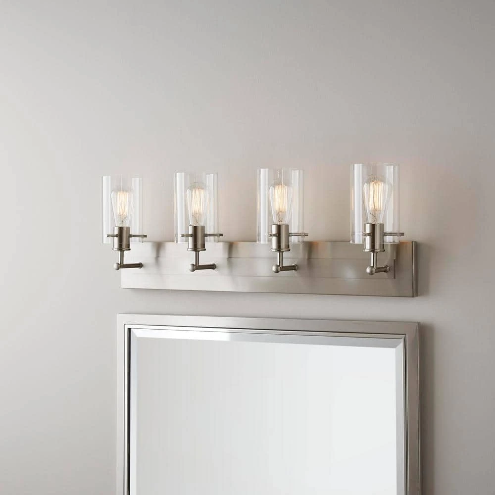 Hampton Bay Regan 29.13 in. 4-Light Brushed Nickel Bathroom Vanity Light with Clear Glass Shades 4 Hampton Bay Regan 29.13 in. 4-Light Brushed Nickel Bathroom Vanity Light with Clear Glass Shades - Image 4