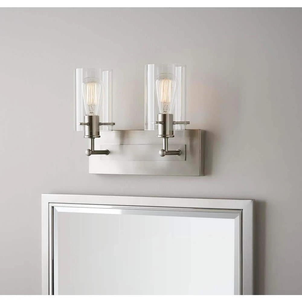 Hampton Bay Regan 12.75 in. 2-Light Brushed Nickel Vanity Light with Clear Glass Shades 3 Hampton Bay Regan 12.75 in. 2-Light Brushed Nickel Vanity Light with Clear Glass Shades - Image 3
