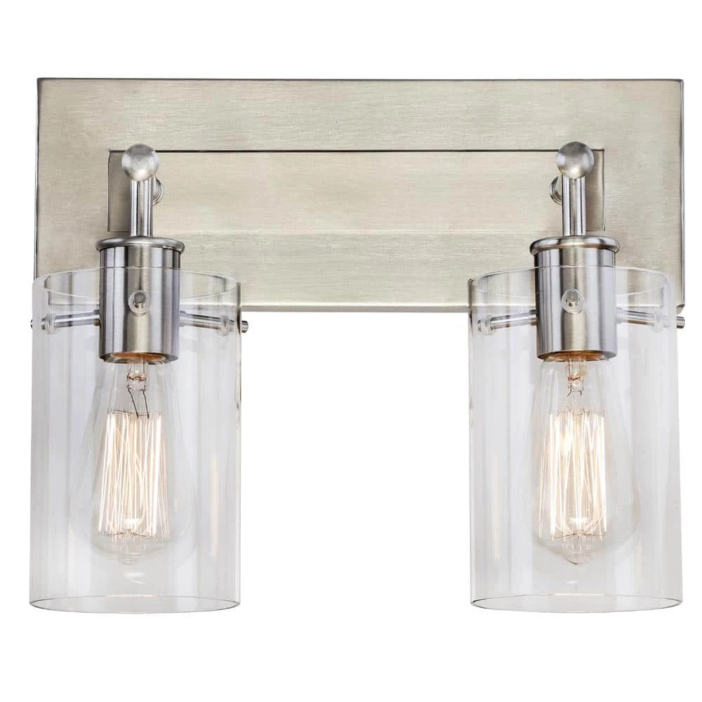 Hampton Bay Regan 12.75 in. 2-Light Brushed Nickel Vanity Light with Clear Glass Shades 1 Hampton Bay Regan 12.75 in. 2-Light Brushed Nickel Vanity Light with Clear Glass Shades