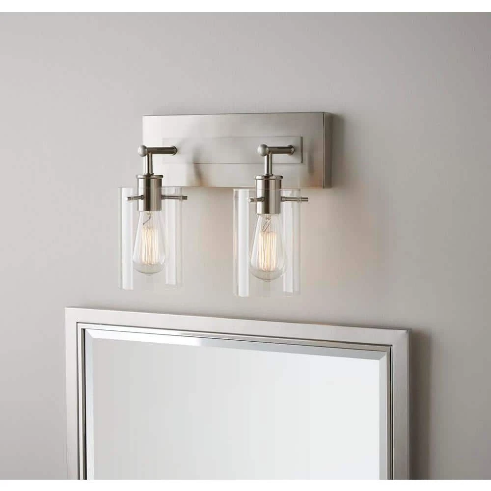Hampton Bay Regan 12.75 in. 2-Light Brushed Nickel Vanity Light with Clear Glass Shades 2 Hampton Bay Regan 12.75 in. 2-Light Brushed Nickel Vanity Light with Clear Glass Shades - Image 2