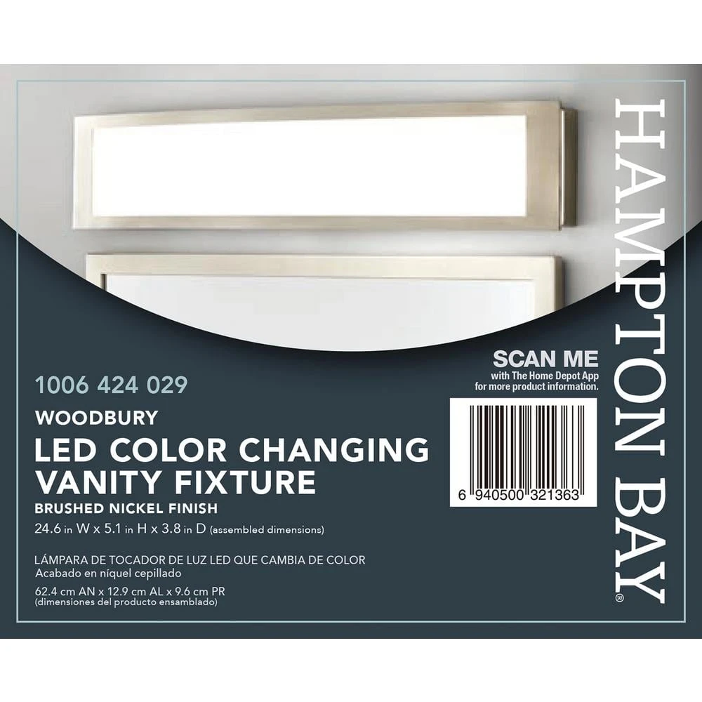 Hampton Bay Woodbury 24.6 in. 1-Light Brushed Nickel Integrated LED Bathroom Vanity Light Bar with Frosted Acrylic Shade 10 Hampton Bay Woodbury 24.6 in. 1-Light Brushed Nickel Integrated LED Bathroom Vanity Light Bar with Frosted Acrylic Shade - Image 10