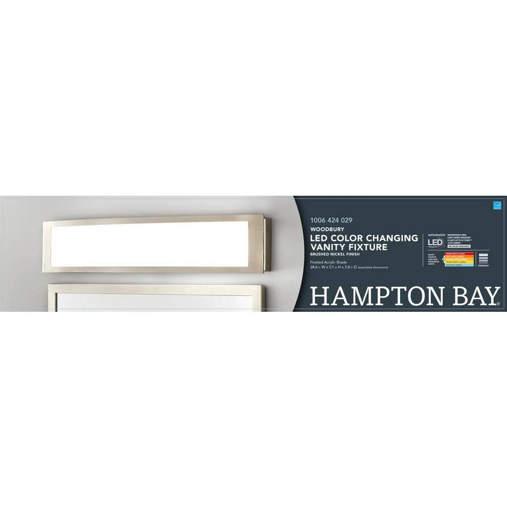 Hampton Bay Woodbury 24.6 in. 1-Light Brushed Nickel Integrated LED Bathroom Vanity Light Bar with Frosted Acrylic Shade 11 Hampton Bay Woodbury 24.6 in. 1-Light Brushed Nickel Integrated LED Bathroom Vanity Light Bar with Frosted Acrylic Shade - Image 11