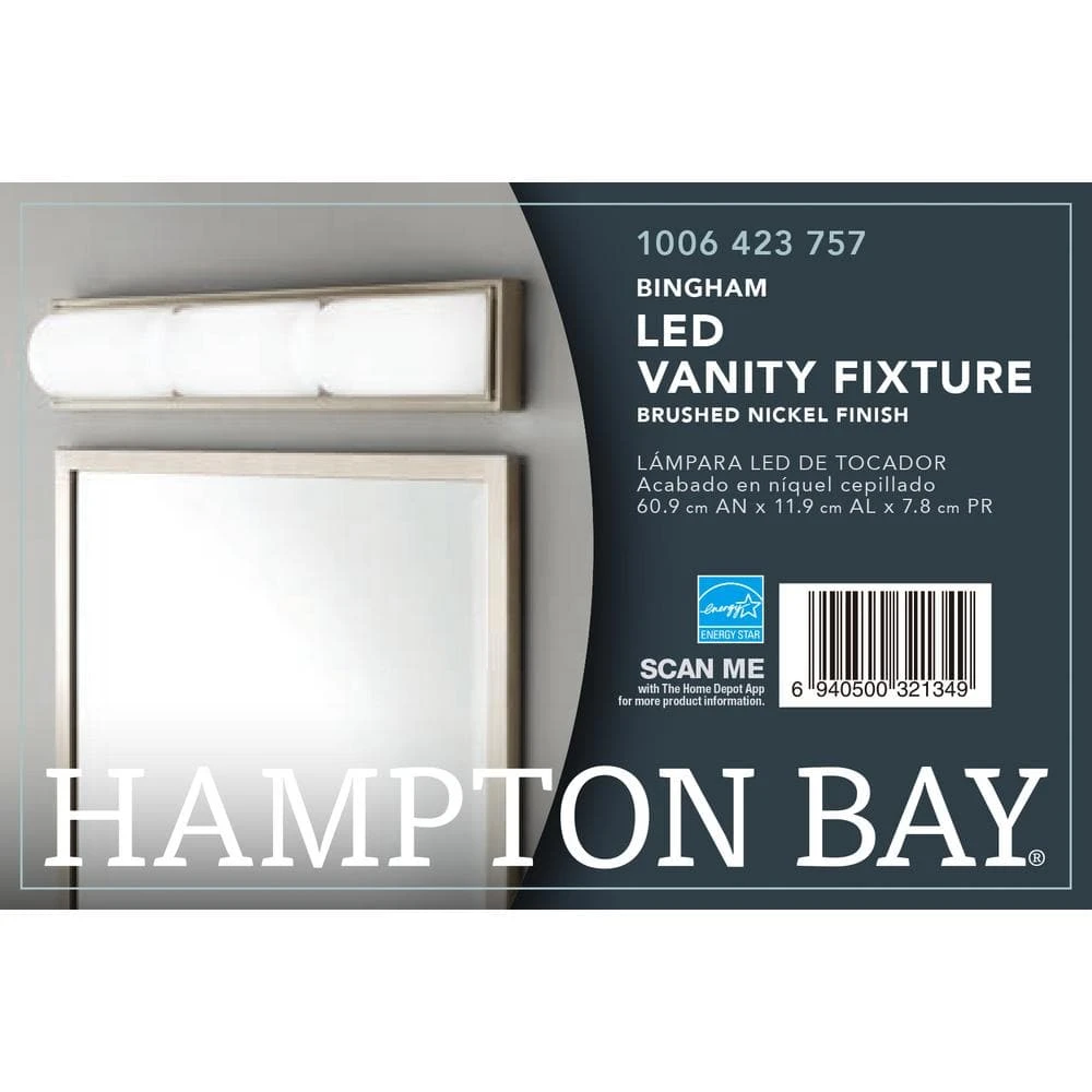 Hampton Bay Bingham 24.02 in. 1-Light Brushed Nickel Integrated LED Bathroom Vanity Light Bar with Frosted Acrylic Shade 8 Hampton Bay Bingham 24.02 in. 1-Light Brushed Nickel Integrated LED Bathroom Vanity Light Bar with Frosted Acrylic Shade - Image 8