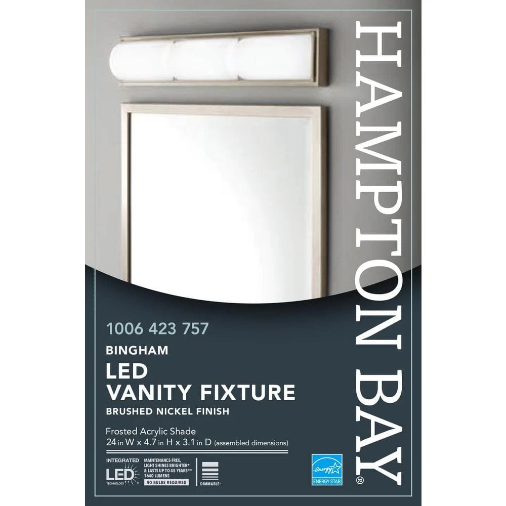 Hampton Bay Bingham 24.02 in. 1-Light Brushed Nickel Integrated LED Bathroom Vanity Light Bar with Frosted Acrylic Shade 7 Hampton Bay Bingham 24.02 in. 1-Light Brushed Nickel Integrated LED Bathroom Vanity Light Bar with Frosted Acrylic Shade - Image 7