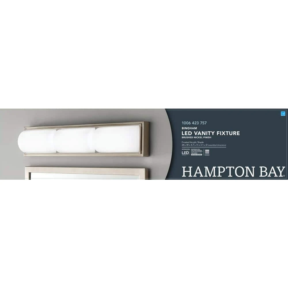 Hampton Bay Bingham 24.02 in. 1-Light Brushed Nickel Integrated LED Bathroom Vanity Light Bar with Frosted Acrylic Shade 10 Hampton Bay Bingham 24.02 in. 1-Light Brushed Nickel Integrated LED Bathroom Vanity Light Bar with Frosted Acrylic Shade - Image 10