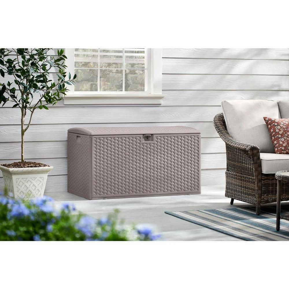 Hampton Bay 120 Gal. Grey Resin Wicker Outdoor Storage Deck Box with Lockable Lid 2 Hampton Bay 120 Gal. Grey Resin Wicker Outdoor Storage Deck Box with Lockable Lid - Image 2