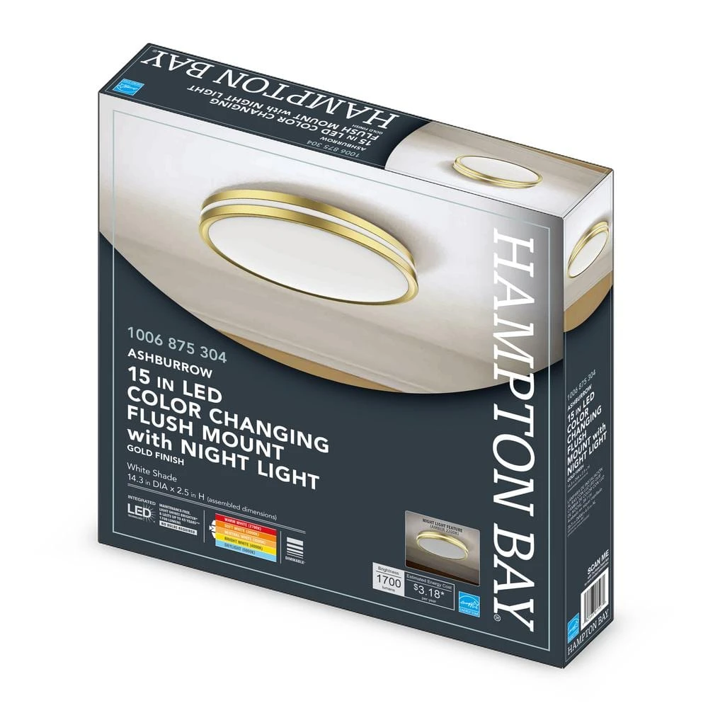 Hampton Bay ASHBURROW 15 in. Gold Selectable LED Flush Mount with Night Light 10 Hampton Bay ASHBURROW 15 in. Gold Selectable LED Flush Mount with Night Light - Image 10