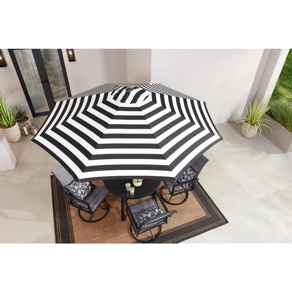 Hampton Bay 9 ft. Aluminum Market Crank and Tilt Patio Umbrella in Black and White Cabana 2 Hampton Bay 9 ft. Aluminum Market Crank and Tilt Patio Umbrella in Black and White Cabana - Image 2