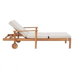 Hampton Bay Willow Glen Farmhouse Wood Outdoor Patio Chaise Lounge with Wheels and Beige Cushions