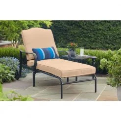 Hampton Bay Laurel Oaks Black Steel Outdoor Patio Chaise Lounge with Sunbrella Beige Tan Cushions