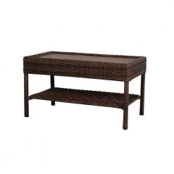 Hampton Bay Cambridge Brown Rectangular Wicker Outdoor Patio Coffee Table with Faux Wood Table Top