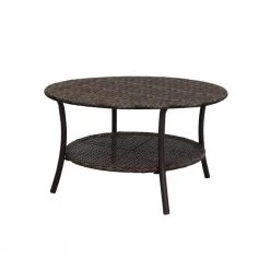 Hampton Bay 32 in. Mix and Match Brown Round Wicker Outdoor Patio Coffee Table With Woven Table Top