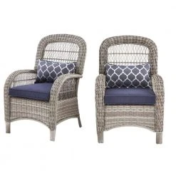 Hampton Bay Beacon Park Gray Wicker Outdoor Patio Captain Dining Chair with CushionGuard Midnight Trellis Navy Blue Cushions(2-Pack)