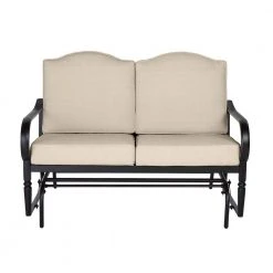 Hampton Bay Laurel Oaks Black Steel Outdoor Patio Glider with CushionGuard Putty Tan Cushions