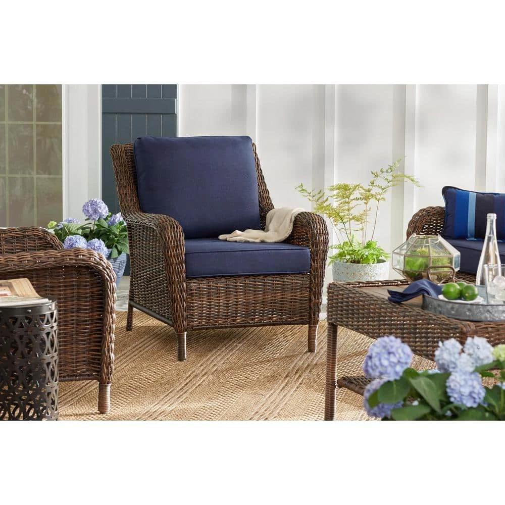 Hampton Bay Cambridge Brown Wicker Outdoor Patio Lounge Chair with CushionGuard Midnight Navy Blue Cushions 4 Hampton Bay Cambridge Brown Wicker Outdoor Patio Lounge Chair with CushionGuard Midnight Navy Blue Cushions - Image 4