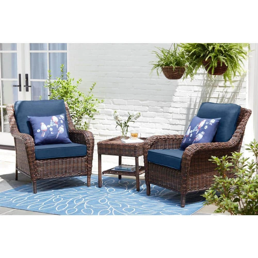 Hampton Bay Cambridge Brown Wicker Outdoor Patio Lounge Chair with CushionGuard Midnight Navy Blue Cushions 2 Hampton Bay Cambridge Brown Wicker Outdoor Patio Lounge Chair with CushionGuard Midnight Navy Blue Cushions - Image 2