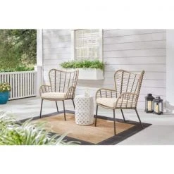 Hampton Bay Melrose Park Steel Open Weave Wicker Outdoor Lounge Chair with CushionGuard Almond Biscotti Cushions (2-Pack)