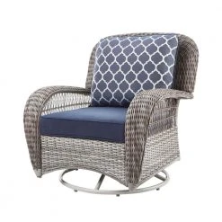 Hampton Bay Beacon Park Gray Wicker Outdoor Patio Swivel Lounge Chair with CushionGuard Midnight Trellis Navy Blue Cushions